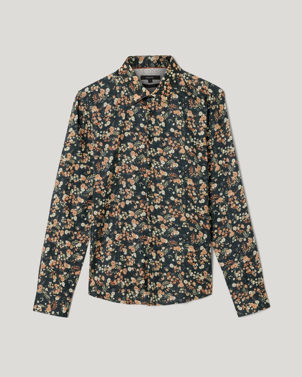 Slim Stretch Dark Floral Long Sleeve Shirt, Dark Green, hi-res